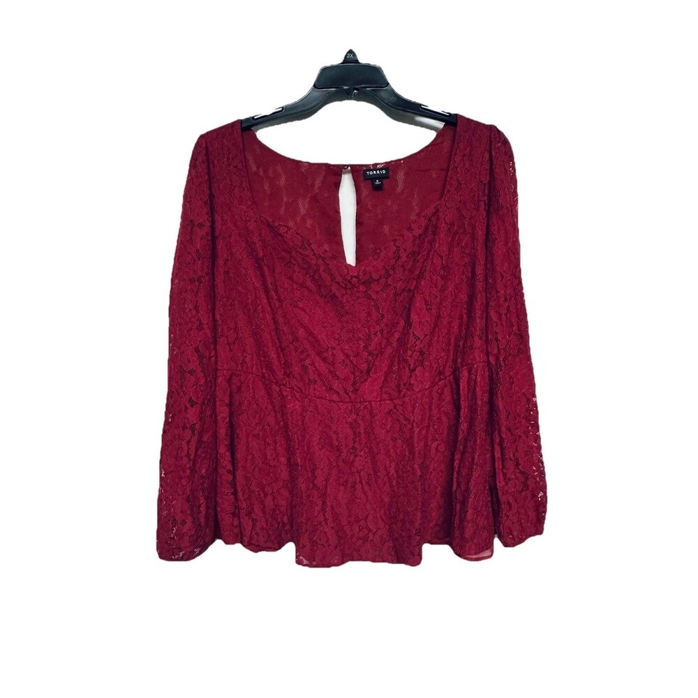 Torrid Burgundy Wine Lace Long Sleeve Shirt Top Blouse Semi Sheer Plus Size 2